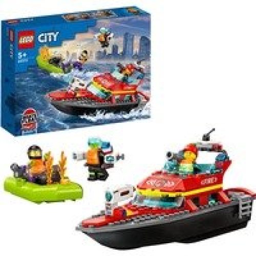 LEGO 60373, Lego City Fire Barca di Soccorso Antincendio dei Vigili del Fuoco, Nave Giocattolo Galleggiante con Gommone di Salvataggio e Minifigure